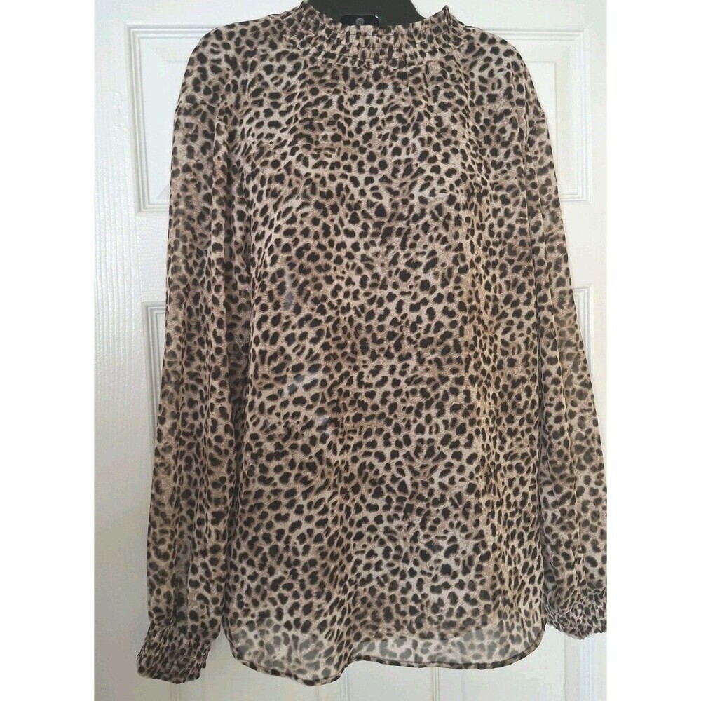 Torrid Sheer Mock Neck Blouse Size 1X Leopard Print Smocked Long Sleeve Keyhole